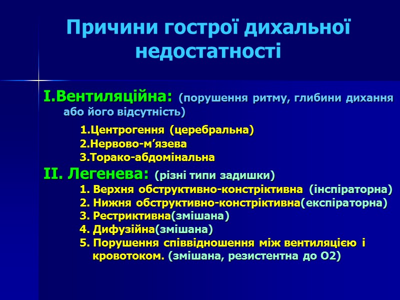 Причини гострої дихальної недостатності  I.Вентиляційна: (порушення ритму, глибини дихання або його відсутність) 